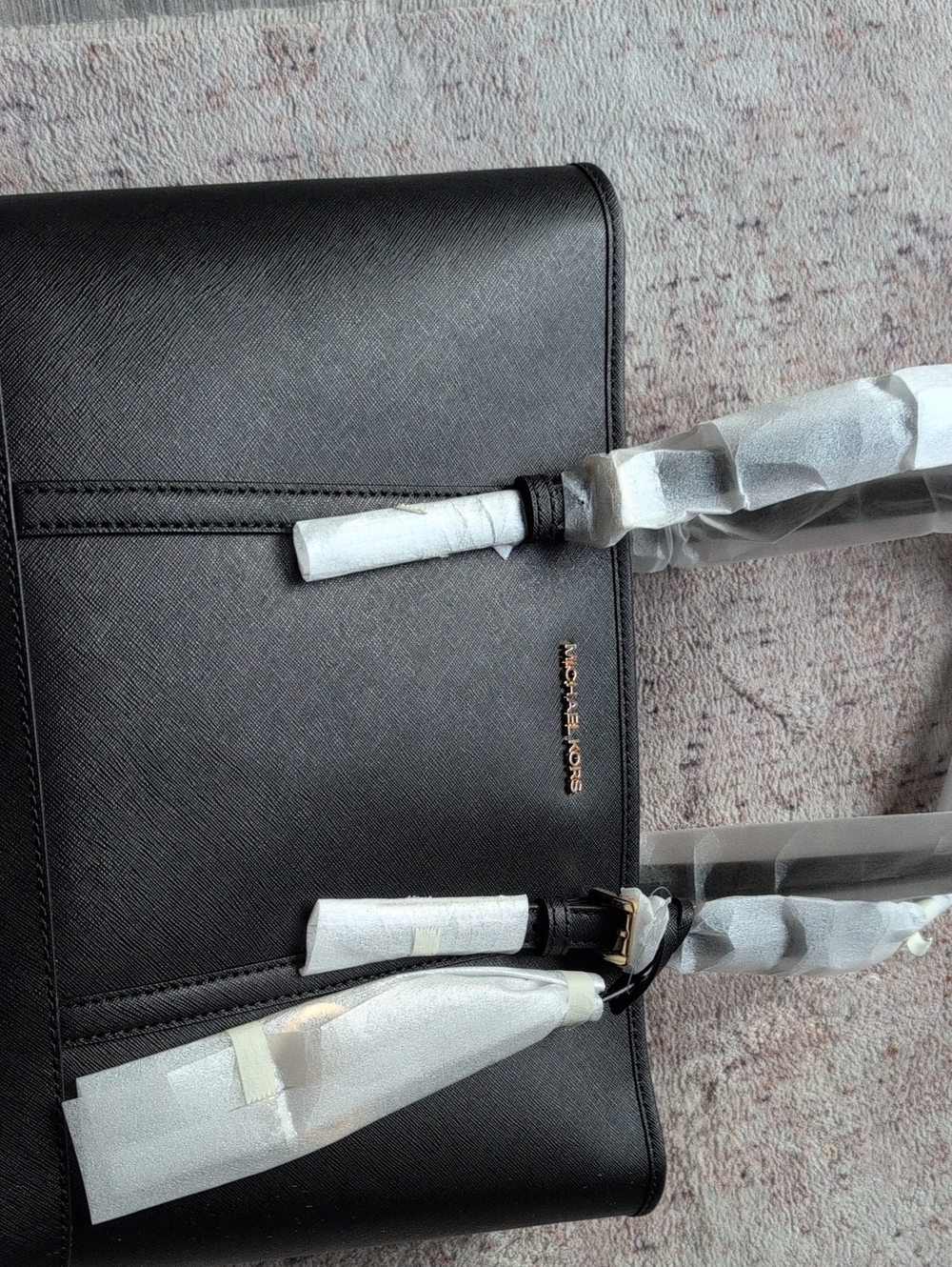 Michael Kors Black Leather Messenger Bag with Gold Logo